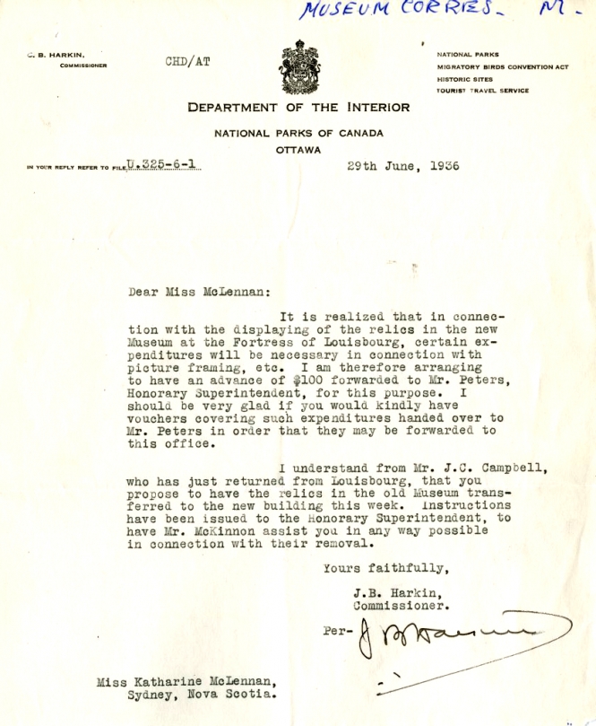Letter from J.B. Harkin to Katharine McLennan